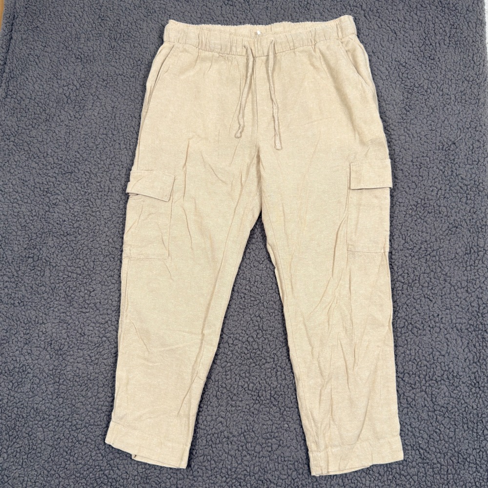 Gap Pants Womens M Sand Easy Pant Linen Blend Cargo Elastic Drawstring Pull On